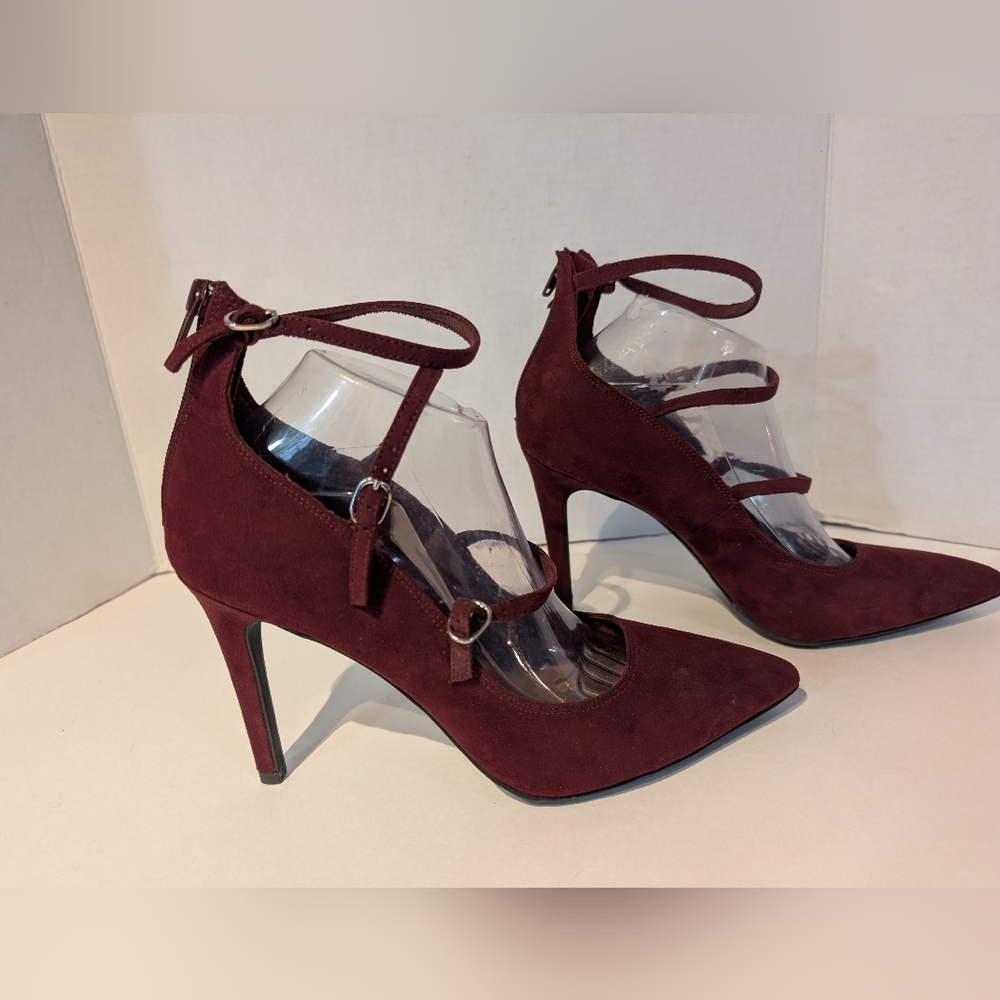 Burgundy Faux Suede 3 Strap Stilleto Heels‎ Sz.10W Christian Siriano